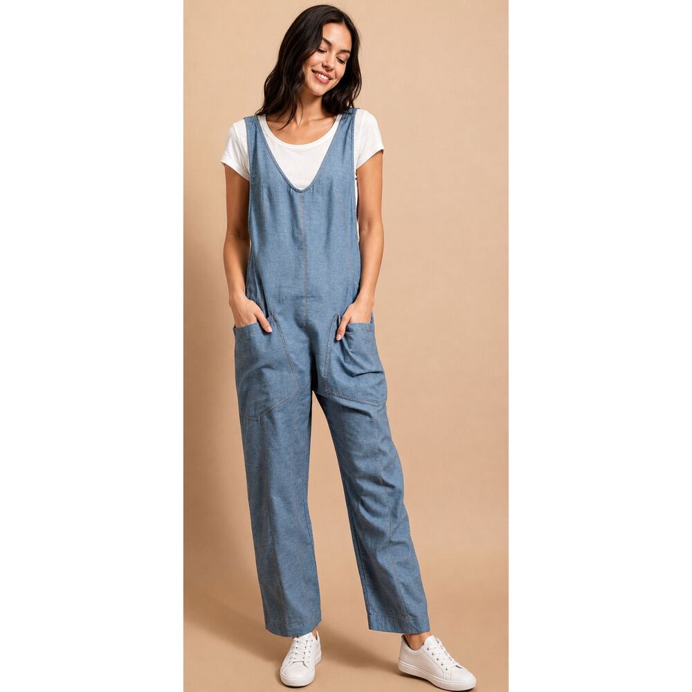 New GIGIO M 8 10 Blue Cotton Chambray Jumpsuit Front Pockets Adjustable Straps